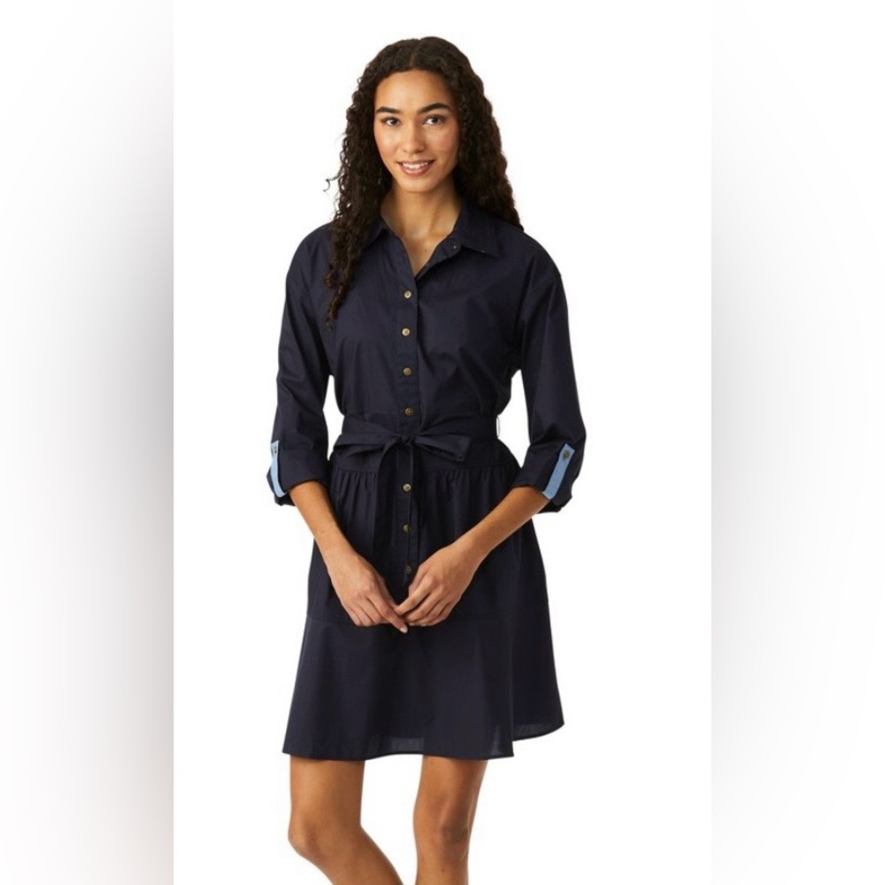 Women's Navy Button-Front Shirt Dress with Tie Waist